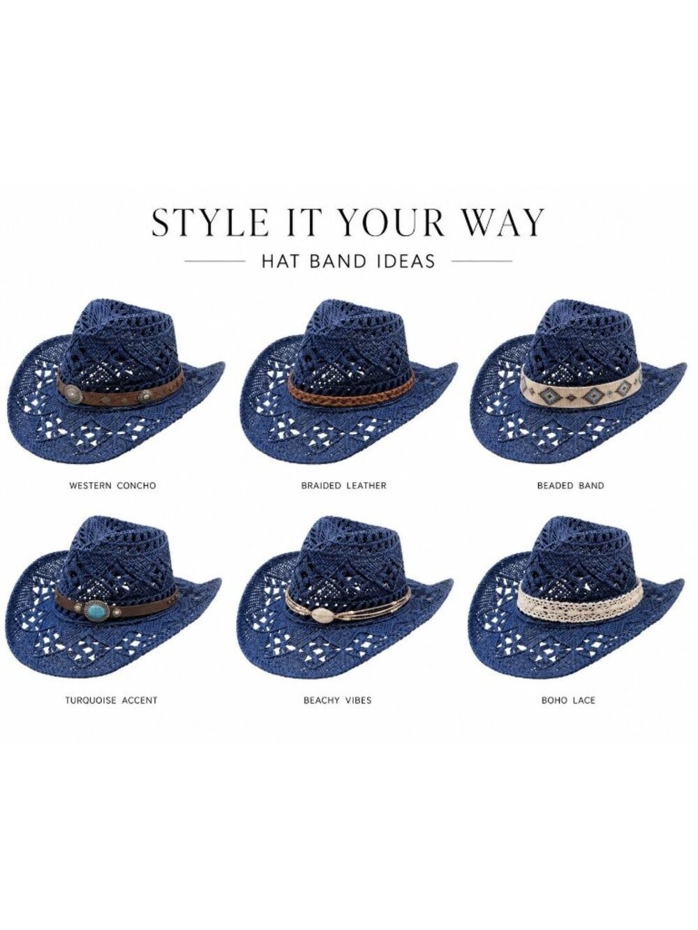 Blue Straw Cowboy Hat Rolled Brim One Size Western Cowgirl Beach - Picture 7 of 9